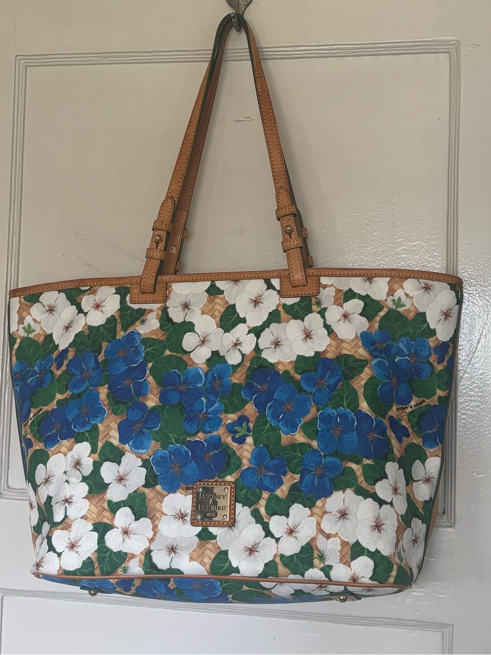 Dooney & Bourke Blue, White and Green Floral Leather-Trim Tote